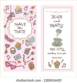 Save the date. Cute vector with flowers and hearts. Love postcard.