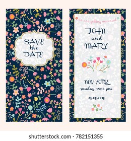 Save the date. Cute vector with flowers and hearts. Love postcard.