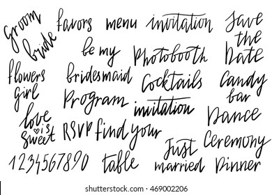  Save The Date, Dance, Ceremony, Photobooth, Bridesmade, Flowers Girl, RSVP, Table Number, Dinner, Candy Bar, Program. Wedding Invitation With Hand Drawn Lettering, Flowers In Simple Style, Isolated