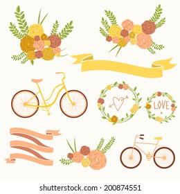 Save the date design collection with bike, basket, ribbons, hearts, wreath and butterfly. Hand drawn vintage flower bouquet set. Retro flowers in vector. 