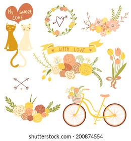 Save the date design collection with bike, basket, cats, hearts, wreath and butterfly. Hand drawn vintage flower bouquet set. Retro flowers in vector. 