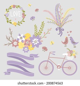 Save the date design collection with bike, basket, birds, hearts, wreath and butterfly. Hand drawn vintage flower bouquet set. Retro flowers in vector. 