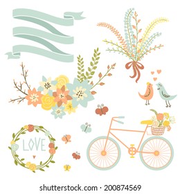 Save the date design collection with bike, basket, birds, hearts, wreath and butterfly. Hand drawn vintage flower bouquet set. Retro flowers in vector. 