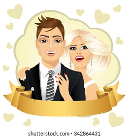 Save the date design composition showing couple portrait with empty banner