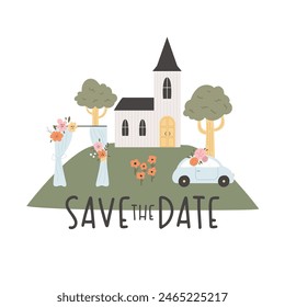 Save the date design, composition for wedding day with green hill, church, decorated arch, car