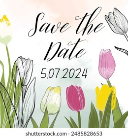 Save the date design with hand drawn vector line art tulips. Black elegant line art, ping, red and yellow tulip blooms, soft green leaves on watercolor background.