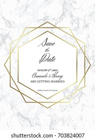 Save the date design template. Formal invite to follow. White marble background and gold geometric pattern. A6 format. Dimensions 114x158 mm and 3 mm bleed size. Seamless pattern included. Eps10.