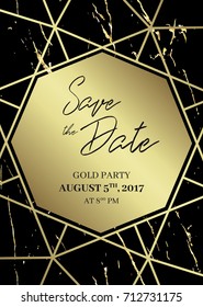 Save the date design template. Formal invite to follow. Black and gold marble background and gold geometric dimond shape. Seamless pattern included. Eps10.