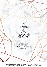 Save the date design template. Invitation to a holiday party. White marble background and rose gold geometric pattern. Dimensions 4,625x6,25 inch, 0.125 bleed size. Seamless pattern included. Eps10.