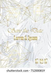 Save the date design template. Invitation to a holiday party. White marble background and rose gold geometric pattern. Dimensions 4,625x6,25 inch, 0.125 bleed size. 