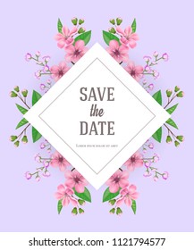 Save the date design template with pink and purple flowers. Handwritten text, calligraphy. Wedding or Valentine day concept. Can be used for invitation, flyer, brochure