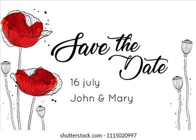Save the date design template with poppies black and white vector illustration