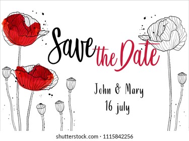 Save the date design template with poppies black and red on whit