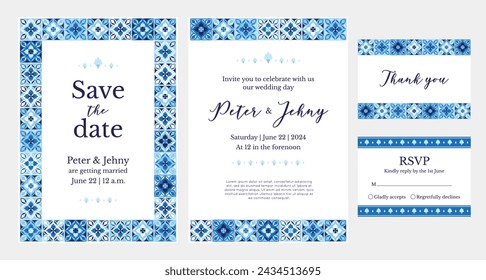 Save the date designs with ceramic tiles frames and patterns. Majolica border, wedding invitation template with patchwork. RVSP card. Vector illustration with mosaic in blue colors.