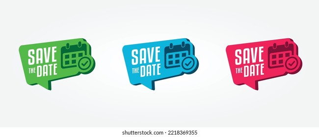 Save the Date Dialog Tags. Save the Date Sticker Green, Blue, and Pink On White Background