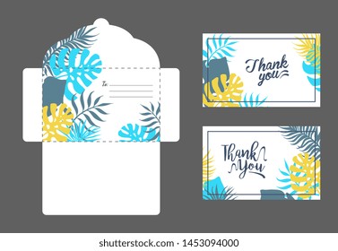 Save the Date, Elegant Wedding Invitation Templates Set, Thank You, Rsvp Cards and Envelope with Exotic Tropical Leaves Vector Illustration
