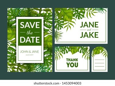 Save the Date, Elegant Wedding Invitation Templates Set, Thank You, Rsvp Cards with Green Exotic Tropical Leaves, Frame with Space for Text Vector Illustration