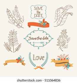 Save the date elements. Hand Drawn elements. romance and wedding template.