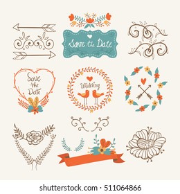 Save the date elements. Hand Drawn elements. romance and wedding template.