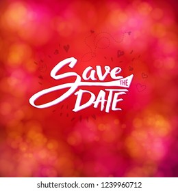 Save the date event stationery with white text on a blurred bubble pink and red background