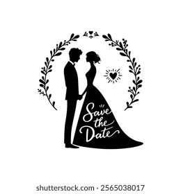 Save the date featuring silhouettes of couples with elegant design elements for wedding celebrations