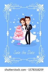 Save date festive card decorated by smiling groom and bride holding knife together and cutting holiday cake, portrait view of happy couple, wedding vector