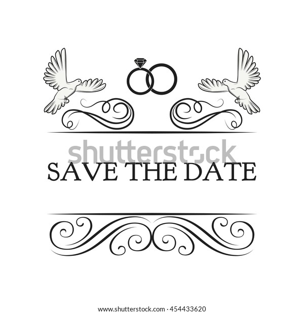save the date. Filigree divider swirl scrol\
frame,  label, logo, emblem. Vintage wedding invitation. Wedding\
rings and pigeon.\
illustration.