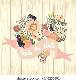 Save the date floral card on wooden background. Cute retro flowers arranged un a shape of the heart perfect for wedding invitations and birthday cards. Vector illustration