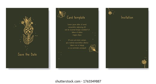 Speichern Sie die Vorlage für die Blumenkarte des Datums. Goldene Blumen auf dunkelgrünem Hintergrund.