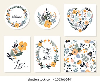 Save the date floral collection with six greeting cards and invitation, hand drawn elements