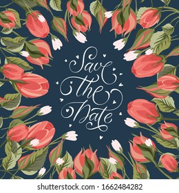 Save the Date. Floral greeting card vector template. Frame with hand drawn leaves and wild field rose flowers illustrations in a flat style and lettering quote.