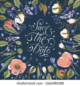 Save the Date. Floral greeting wedding card vector template. Frame with hand drawn wild field poppy, lavender, cotton and roses flowers illustrations in a flat style.