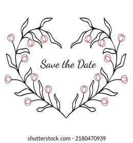Guarda la fecha. Diseño del marco de forma floral del corazón. Día de San Valentín y concepto de boda. Ilustración del vector