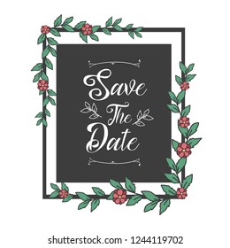 Save the date with floral natural frames.  Wedding invitation with wreath and green leaves background.
