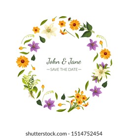 Save the Date Floral Round Frame with Beautiful Spring or Summer Flowers, Wedding Invitation Card Design Element Vector Illustration