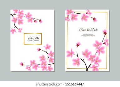 Save the date - floral sakura tree wedding invitation set. Pink realistic cherry blossom flower branches on golden text template frame - isolated vector illustration.