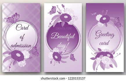 Save the date, Floral Wedding felicitation elegant invite, set, thank you,  greenery,  bouquet,  peonies, template , gift certificate, party invitation, daisies and butterflies. r frame. in purple ton