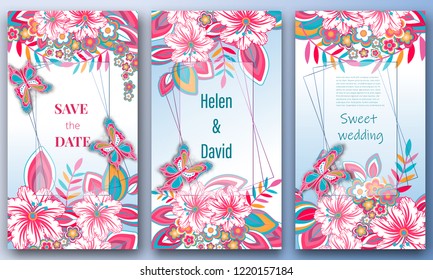 
Save the date, Floral Wedding felicitation elegant invite, set, thank you,  greenery,  bouquet,   template , gift certificate, party invitation, daisies and butterflies. congratulation  frame. 