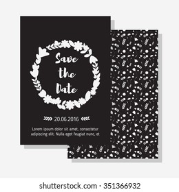 Save the date floral wreath, wedding collection with hand drawn lettering. Frame of flowers. Template for wedding invitation, valentine card, greeting card, birthday invitation. Vector illustration.