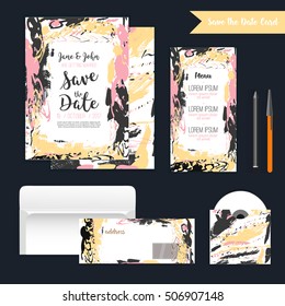 Save the date freehand card with hand drawn background. Modern Stock vector. Invitation design with menu and RSVP card.