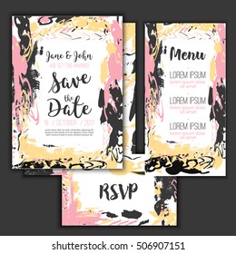 Save the date freehand card with hand drawn background. Modern Stock vector. Invitation design with menu and RSVP card.