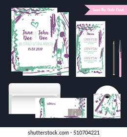 Save the date freehand card with hand drawn background. Modern Stock vector. Invitation design with menu and RSVP card.