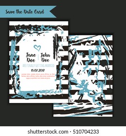 Save the date freehand card with hand drawn background. Modern Stock vector. Invitation design with menu and RSVP card.