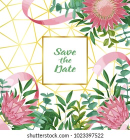 Save the Date with Geometric Frame and Greenery