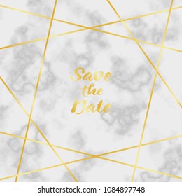 Save the date with gold geometric frame on white marble. Luxury template with text place for invite, greeting, birthday card and covers.