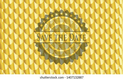 Save the Date gold shiny emblem. Scales pattern. Vector Illustration. Detailed.