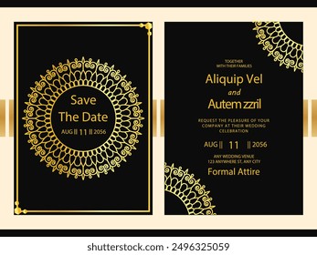 Save the date golden arabesque pattern Wedding invitation card with luxury background Template