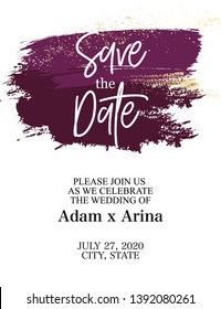 Save the date graphic abstract design. Colorful burgundy wedding elements drawing. Vector ink splash with gold glitter decoration. Modern card.