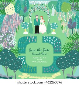 Save the date. Green card with illustration of wedding ceremony in the garden with couple and arch. Vector floral background with a place for your text. Template easily editable.