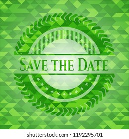 Save the Date green emblem with mosaic background